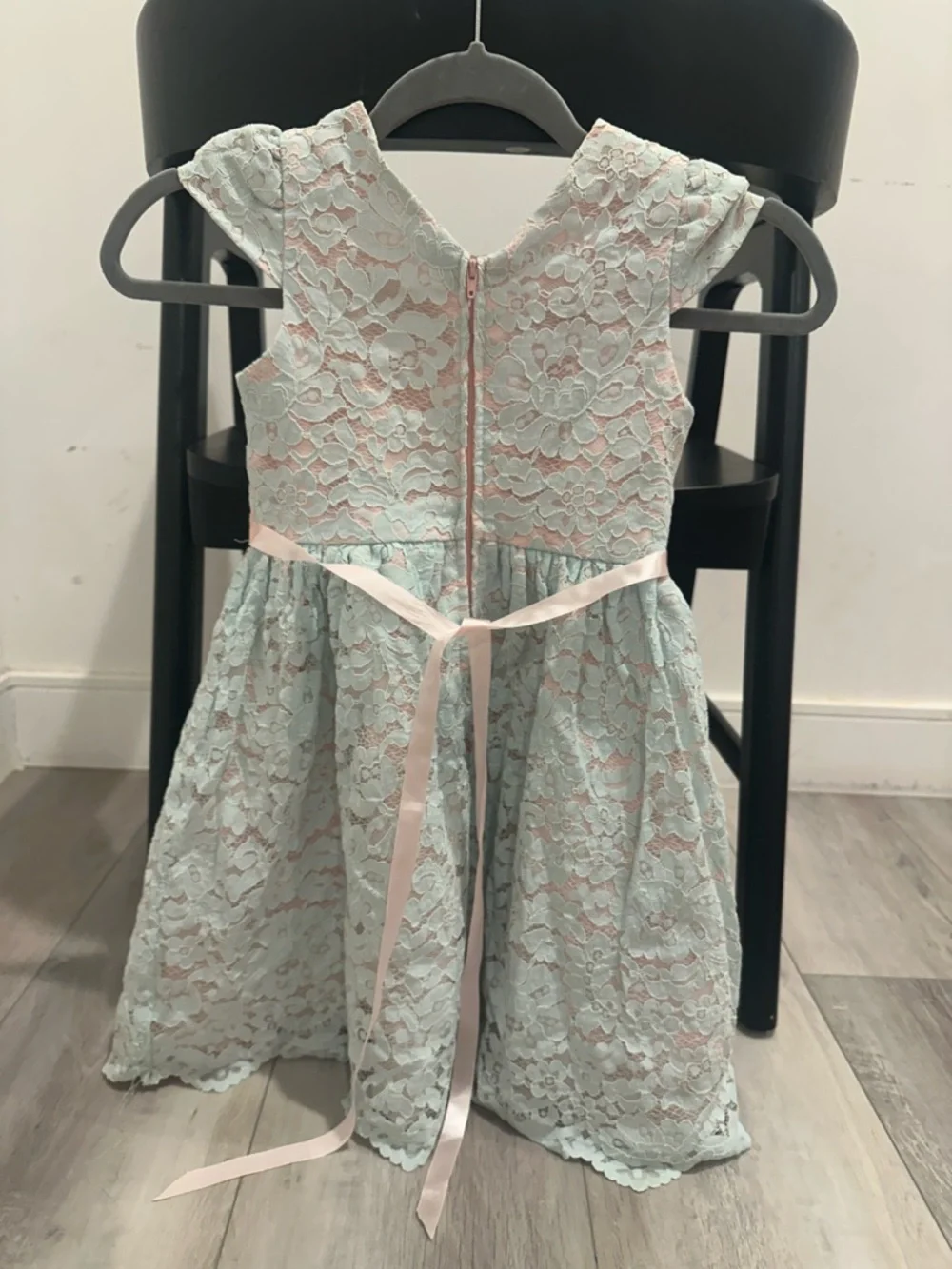 Rare Editions size 6 Pale Blue Lace Dress with Pink Underlay